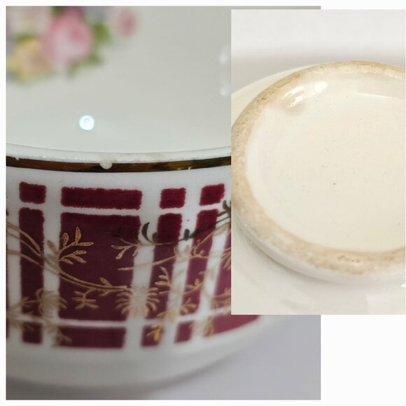 Homer Laughlin Piccadilly Cup & Saucer 2.25" set-6 red plaid gold floral 1942 - Picture 8 of 8